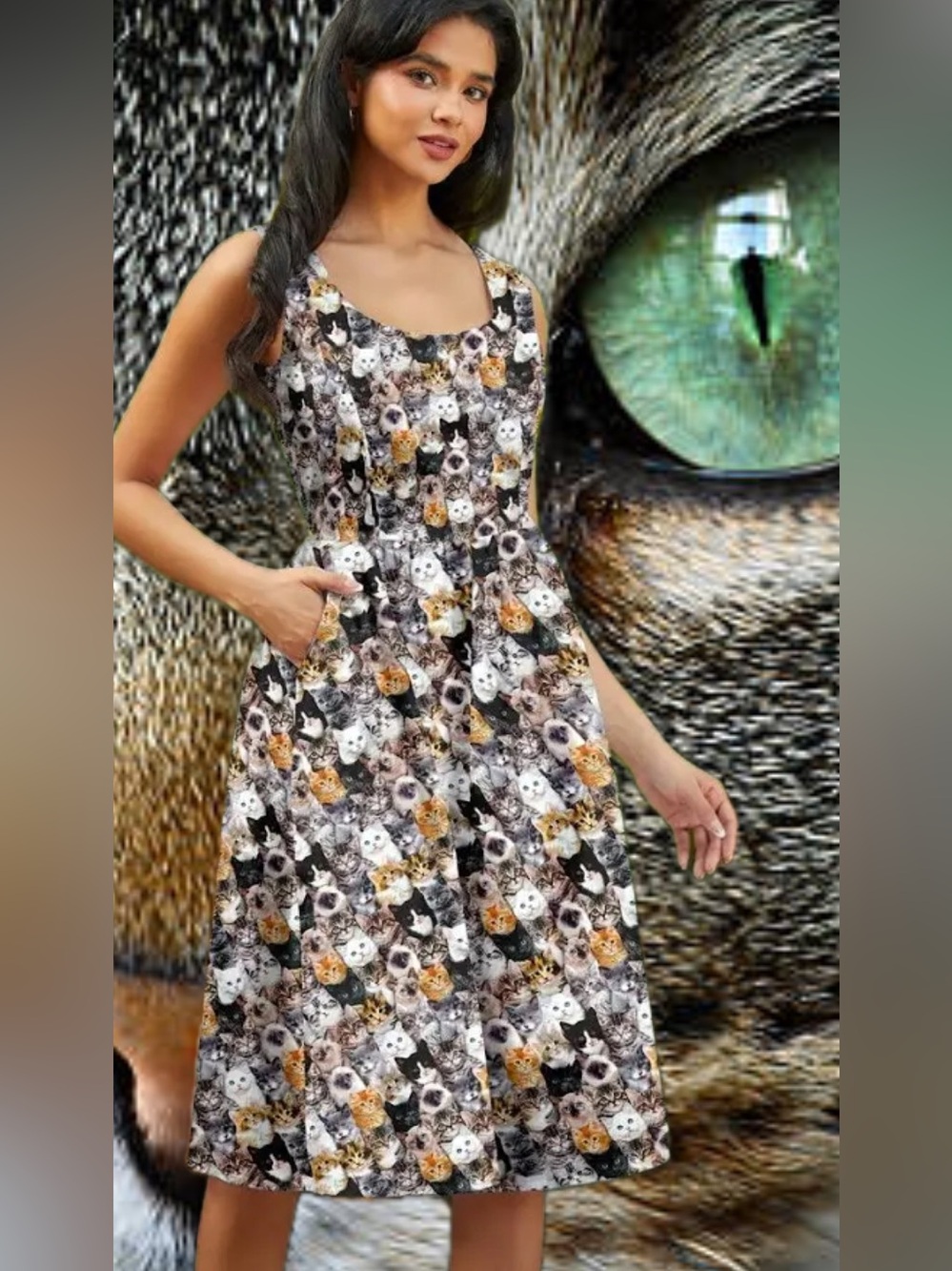 Retrolicious realistic Cat-Print fit and flare Midi Dress in Black, White & Tan